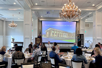 Dr. Cindy Johnston, HGTC Assistant Vice President for Student Enrollment Services, presents HGTC information to the school counselors at the appreciation luncheon.