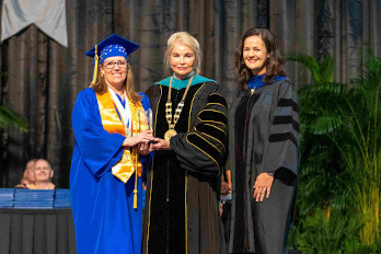 Tanya Moser, HGTC Service and Leadership Award 2024-Graduate (left); Dr. Marilyn Murphy Fore, HGTC President (center); and Dr. Melissa Batten, HGTC Vice President for Student Affairs (right)